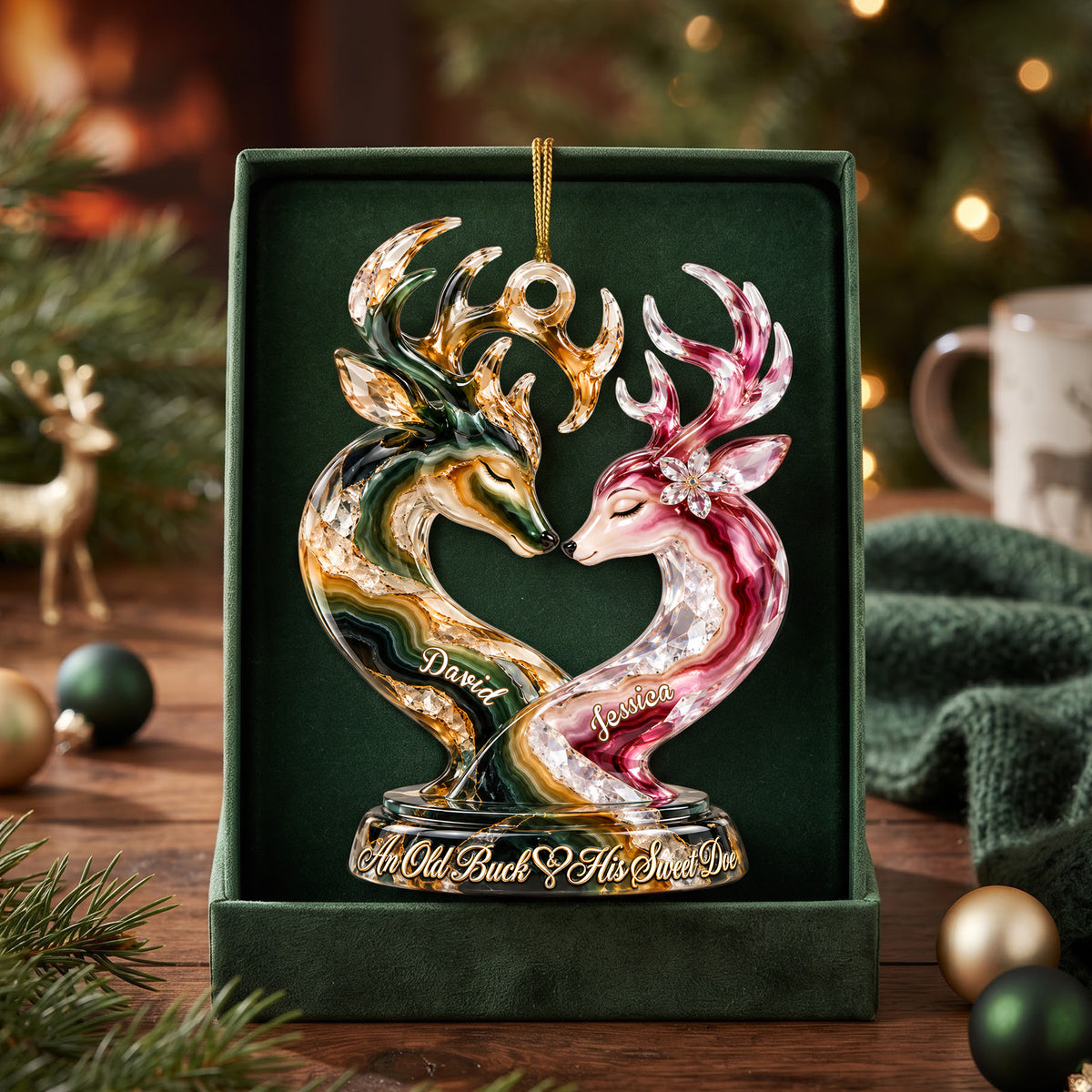 Old Buck And his Sweet Doe Marble Effect Ornament, Personalized Gifts For Couple 06QHLU141026-Homacus