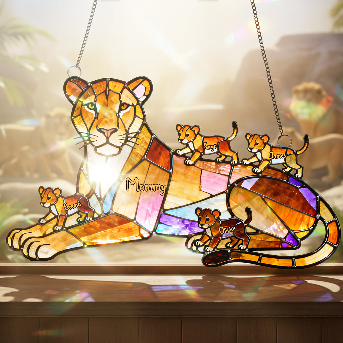 Lion Mom And Kids Suncatcher - Personalized Gifts For Mother's Day Suncatcher Ornament 03OHTA240226-Homacus
