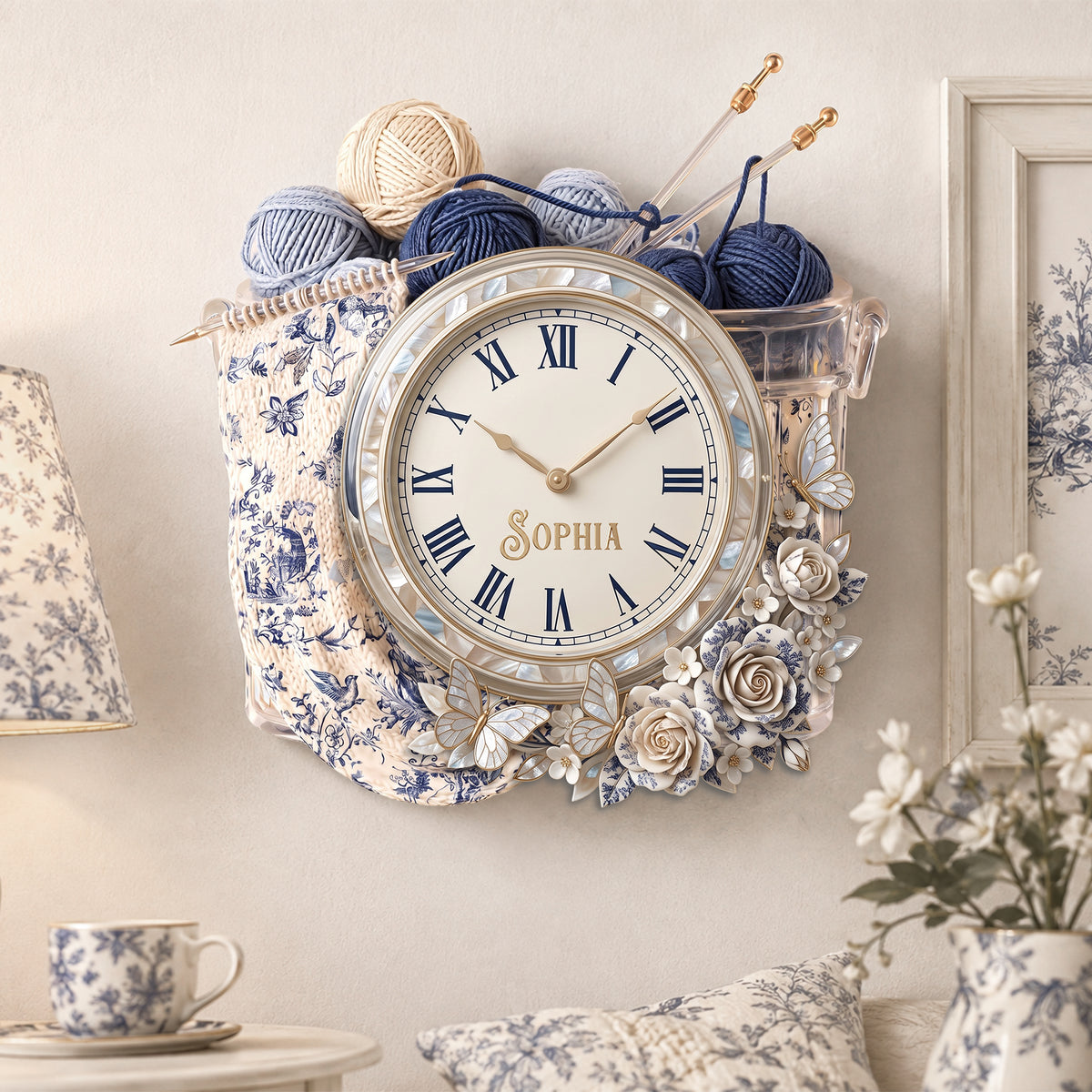 Toile De Jouy Floral Knitting Hanging Wall Clock - Personalized Gifts For Knitting Lovers 07palu080826