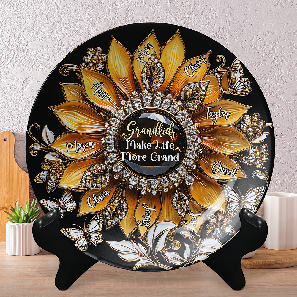 Personalized Gifts For Grandma Sunflower Round Plate, Grandkids Make Life More Grand 01TGMH140325-Homacus