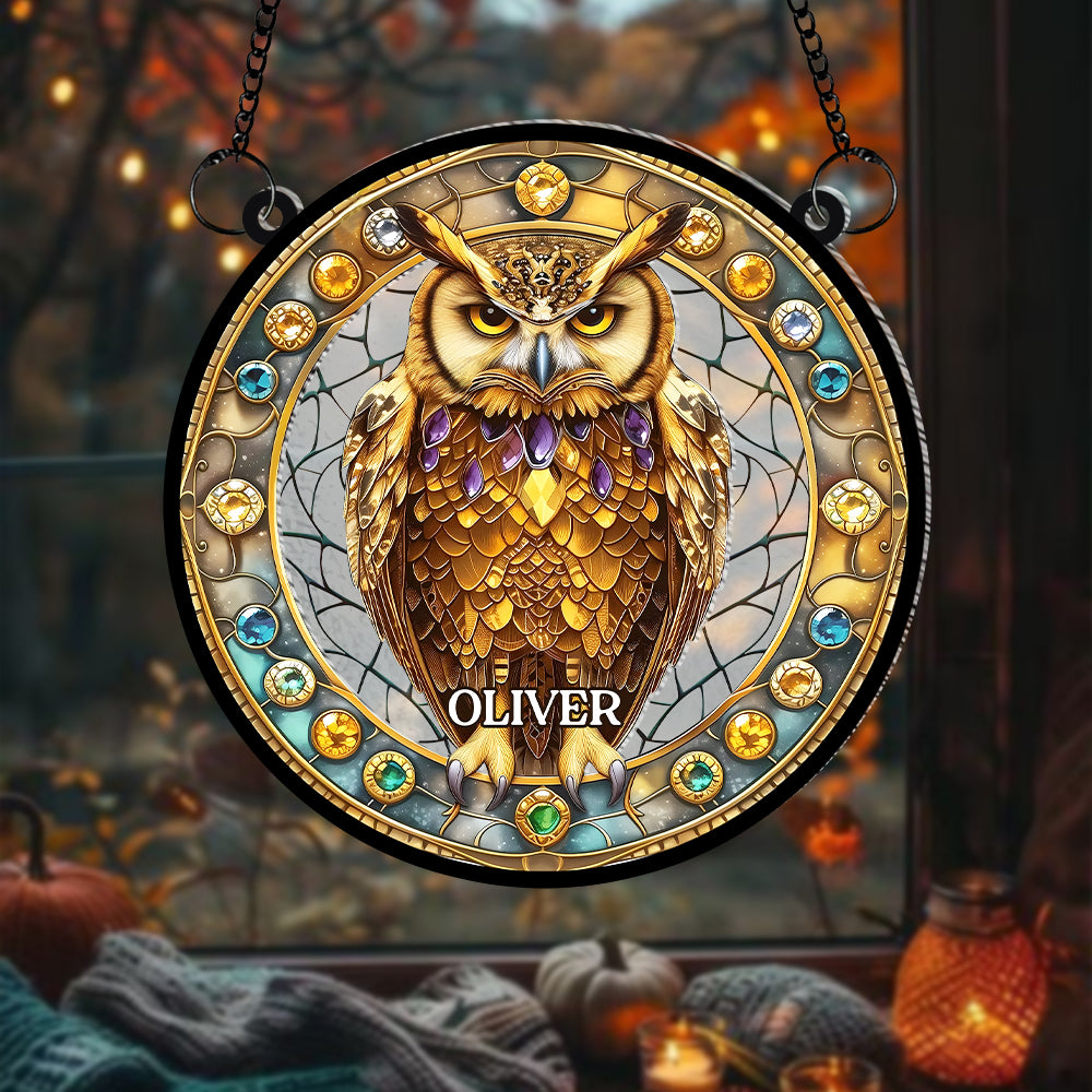 Personalized Gifts For Owl Lovers, Suncatcher Hanging Ornament Stained Glass Owl Design 01HUMH210824-Homacus