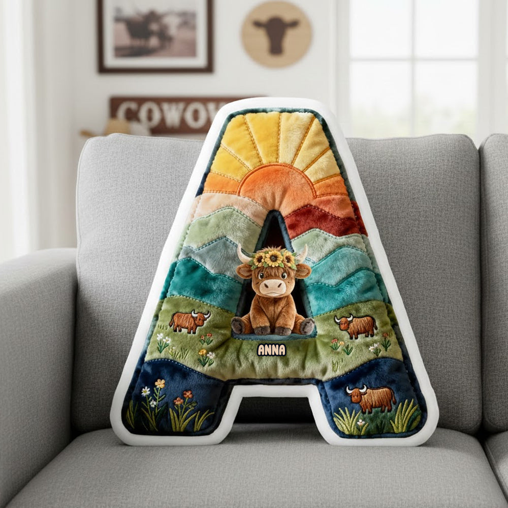 Cute Highland Cow Alphabet Initial Letter Shaped Pillow - Personalized Gifts For Highland Cow Lovers 02qhtn081225-Homacus