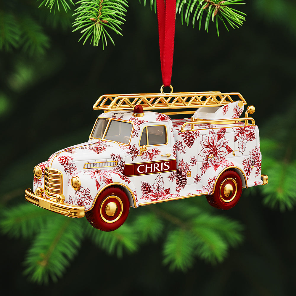 Personalized Gifts For Christmas, Fire Truck Firefighter Toile de Jouy Custom Shape Acrylic Ornament 01pgta031025-Homacus