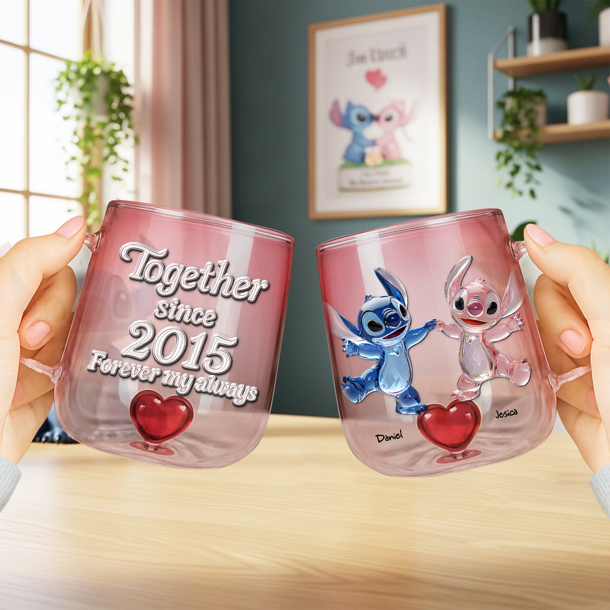 Blue Monster Couple Heart Glass Mug - Personalized Gift For Couple 03TGLU100625-Homacus