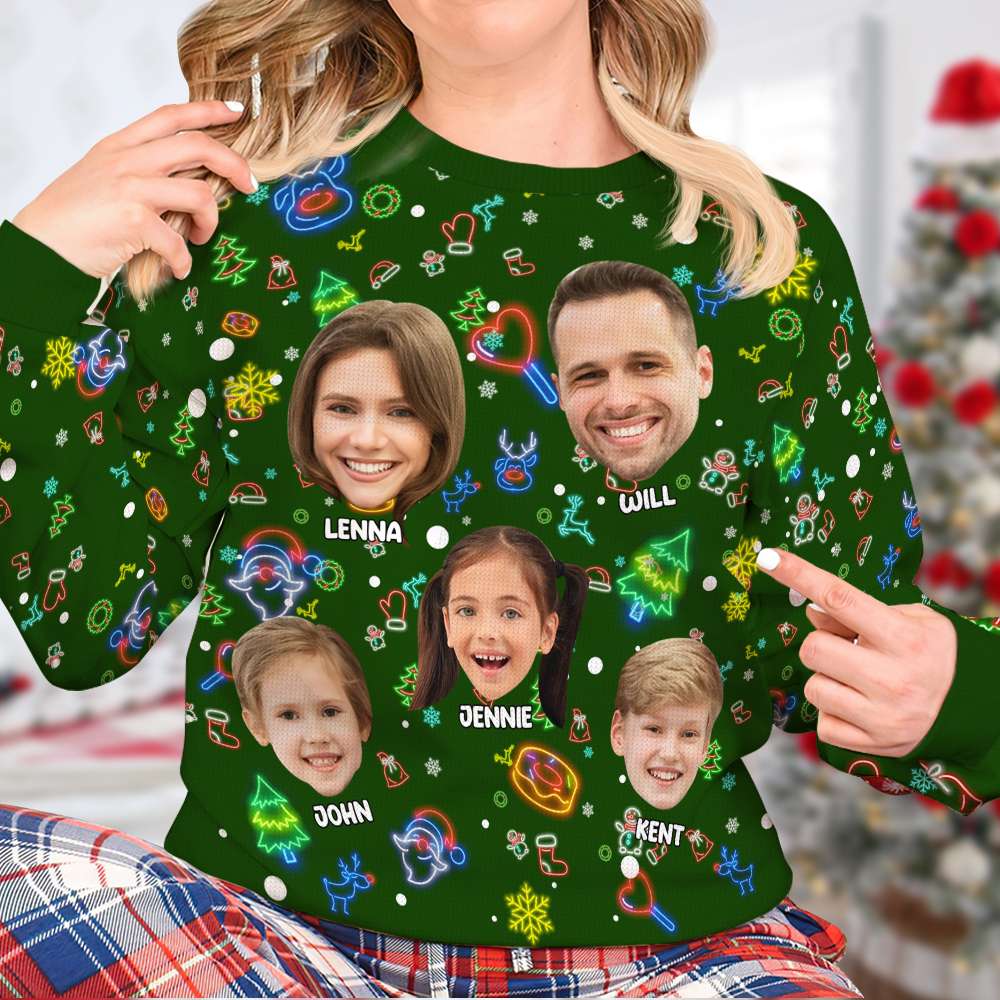 Personalized Custom Photo Christmas Gifts For Family Neon Ugly Sweater 05KALU041124-Homacus