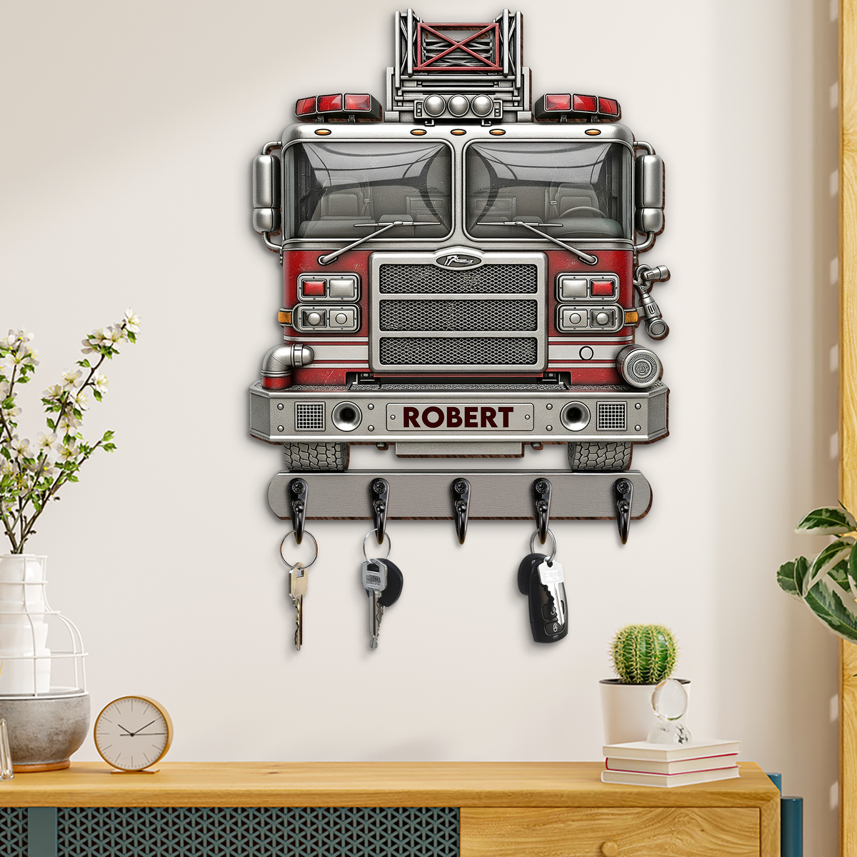 Rustic Firetruck Wood Key Hanger- Personalized Gift For Firefighter 04NAPU090725tt-Homacus