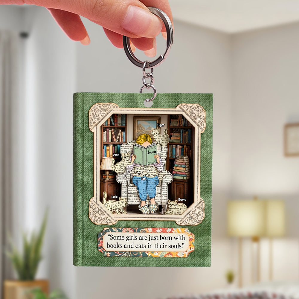Book and Cat Girl Keychain - Personalized Gifts For Reading Girl 01qhtn030625-Homacus