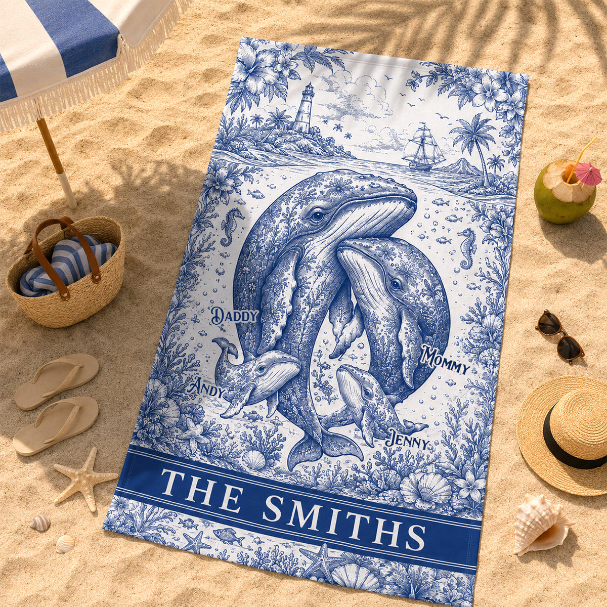 Toile De Jouy Whale Family Beach Towel, Personalized Gift For Family 05qhdh180726-Homacus