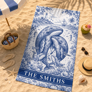 Toile De Jouy Whale Family Beach Towel, Personalized Gift For Family 05qhdh180726-Homacus