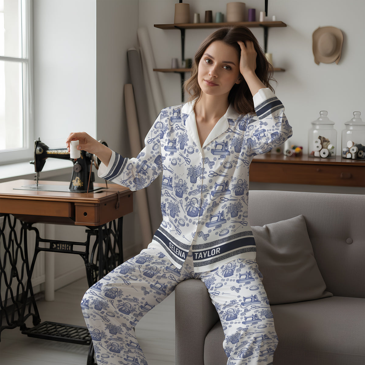 Sewing Toile de Jouy Button Up Pajama Set - Personalized Gift For Sewing Lover Christmas Pajama 06PGLU250925-Homacus