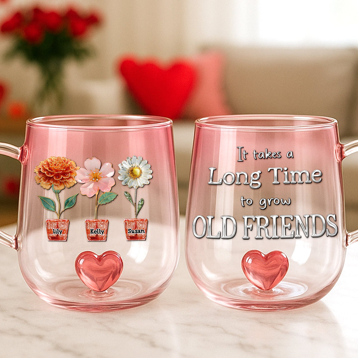 Flowers Old Friend Heart Glass Mug Personalized Gifts For Friends 04TGDT130625-Homacus