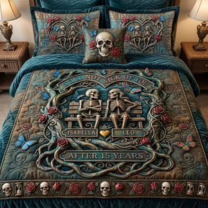 Fun Attached Skull Couple Quilt Bed Set, Personalized Gifts For Couple 02qhlu110826