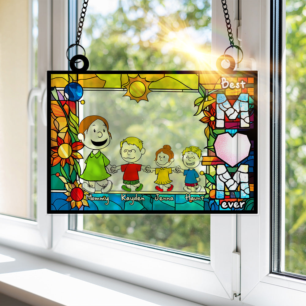 Personalized Gifts For Mom Suncatcher, Mom Holding Children's Hands Vibrant Flower Frame 02QHLU260225HH-Homacus