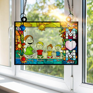 Personalized Gifts For Mom Suncatcher, Mom Holding Children's Hands Vibrant Flower Frame 02QHLU260225HH-Homacus