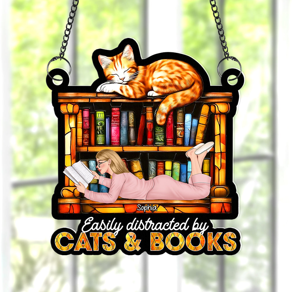 Personalized Gifts For Book Lovers Suncatcher Ornament 02xqqn030125tm Easily Distracted By Cats And Books-Homacus