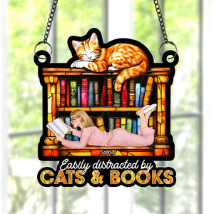 Personalized Gifts For Book Lovers Suncatcher Ornament 02xqqn030125tm Easily Distracted By Cats And Books-Homacus