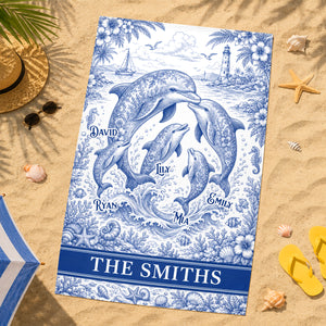 Symphonic Dolphin Family Toile De Jouy Beach Towel, Personalized Gifts For Families 01qhdh210726-Homacus