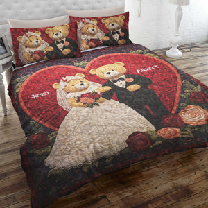 Personalized Gift For Couples Quilt Bedding Set Bear Couple In Wedding Day 04HULU060125-Homacus