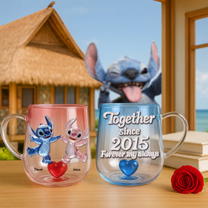 Blue Monster Couple Heart Glass Mug - Personalized Gift For Couple 03TGLU100625-Homacus