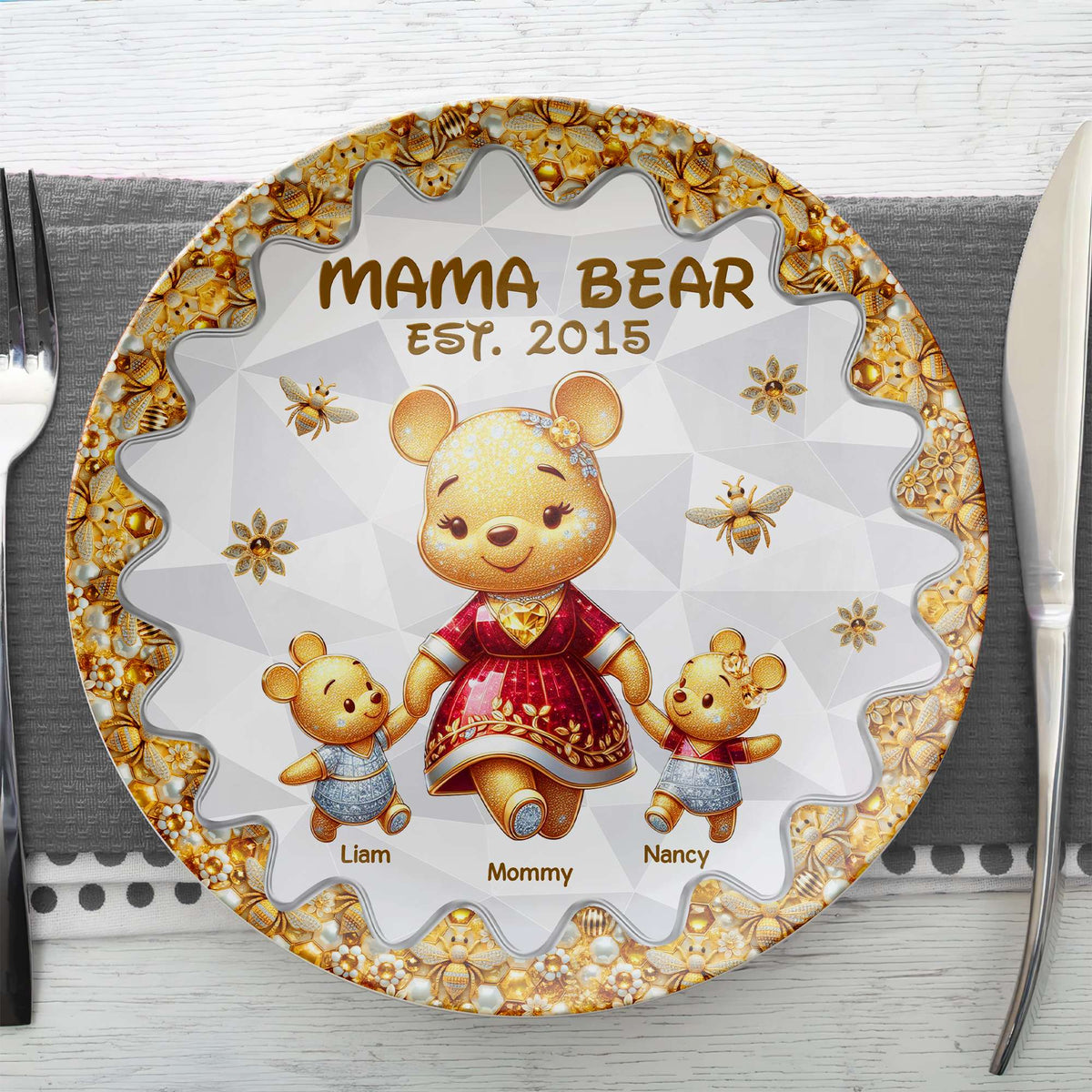 Personalized Gift For Mom Ceramic Round Plate Mother's Day Bear Mom And Kids 02TGPU210325-Homacus