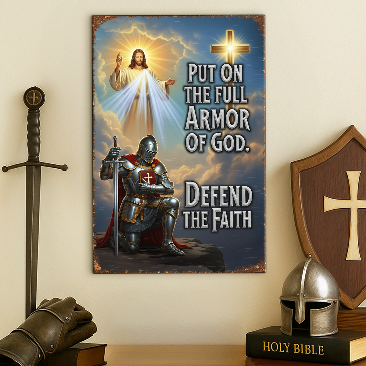 Kneeing Knight & God Print Metal Sign - Personalized Gifts For Christian 03HUPU150725-Homacus
