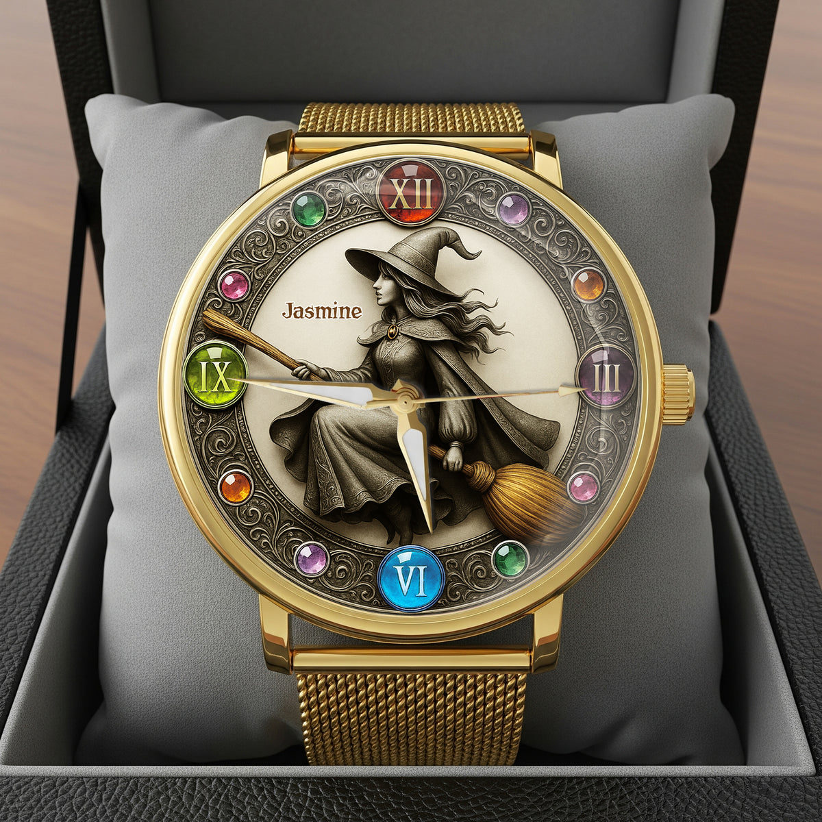 Mystical Witch On Broom Mesh Straps Watch - Personalized Gifts For Witch Lovers 04PGLU190725-Homacus