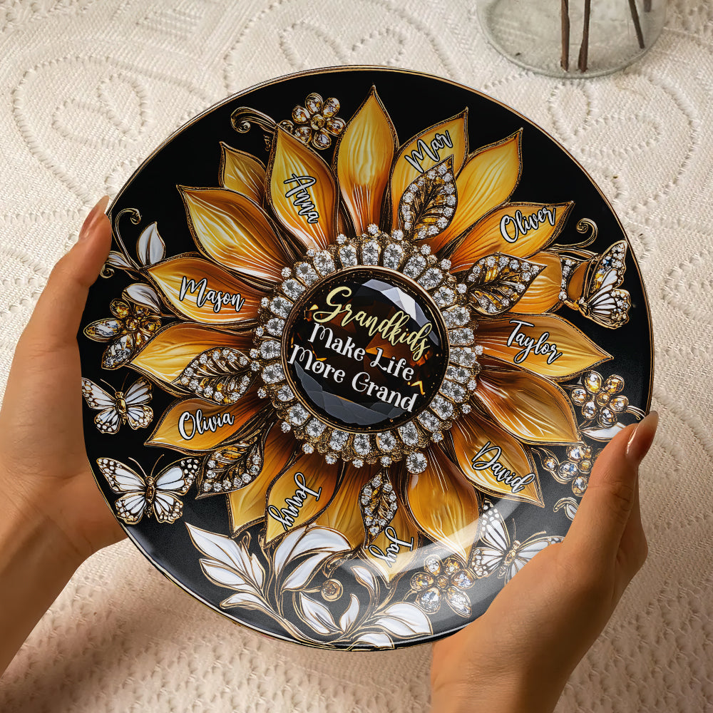 Personalized Gifts For Grandma Sunflower Round Plate, Grandkids Make Life More Grand 01TGMH140325-Homacus