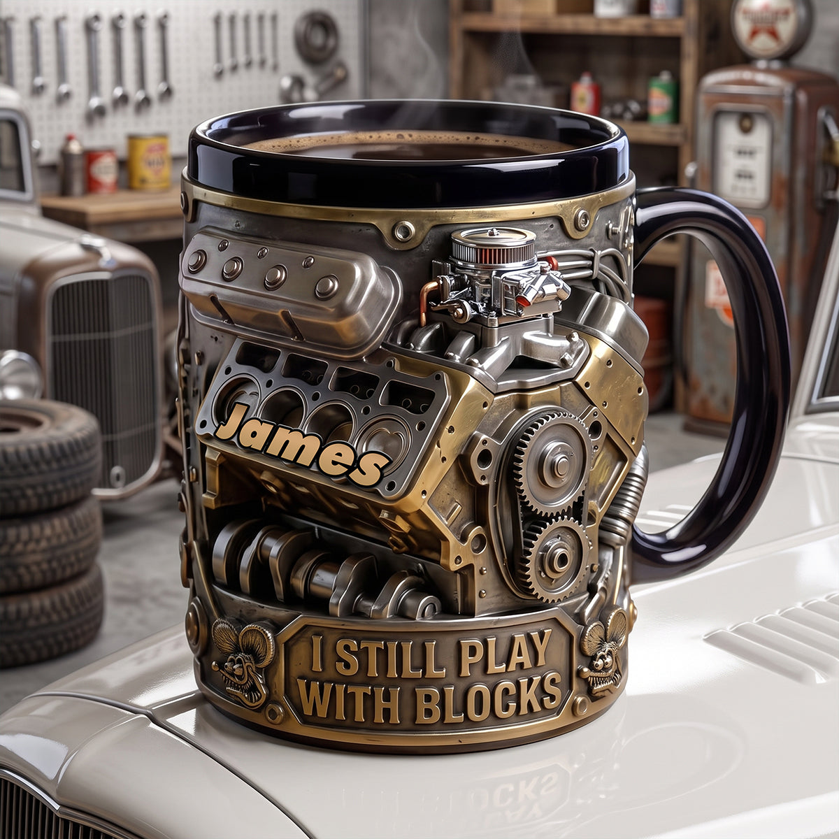 Hot Rod Engine Black Mug, Personalized Gifts For Hot Rod Lovers 04qhta250726