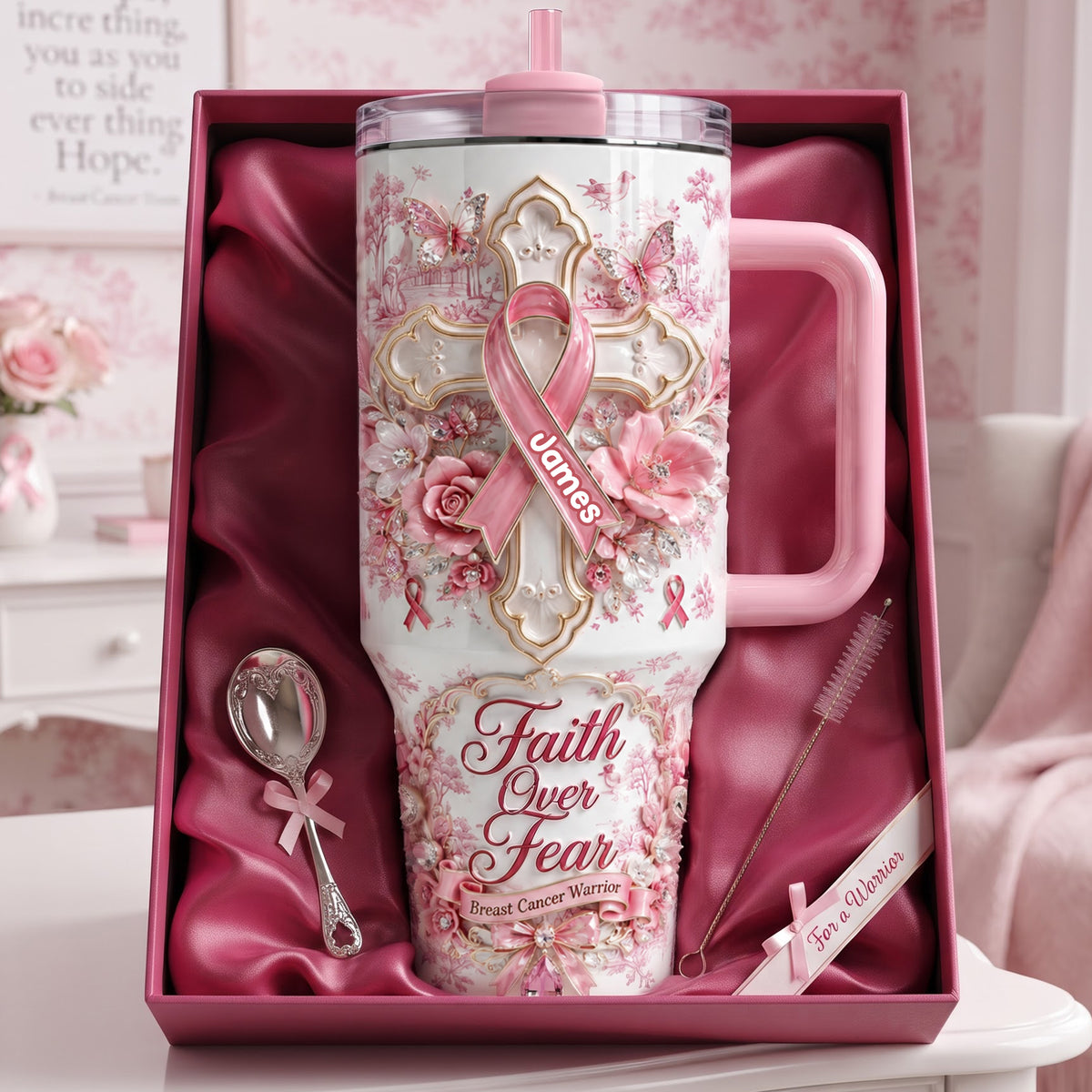 God Be With His Pink Fighter 40oz Tumbler With Handle - Personalized Gifts For Breast Cancer Warrior 02QHLU030826-Homacus