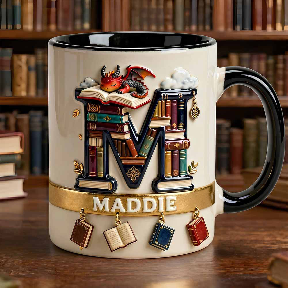 Vintage Book Dragon Alphabet Initial Letter Accent Mug, Personalized Gifts For Book Lovers 02qhdt231225-Homacus