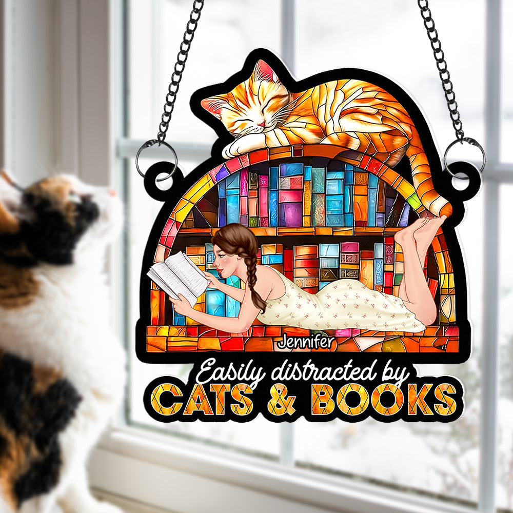 Personalized Gifts For Book Lovers Suncatcher Ornament 02xqqn030125tm Easily Distracted By Cats And Books-Homacus