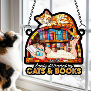 Personalized Gifts For Book Lovers Suncatcher Ornament 02xqqn030125tm Easily Distracted By Cats And Books-Homacus