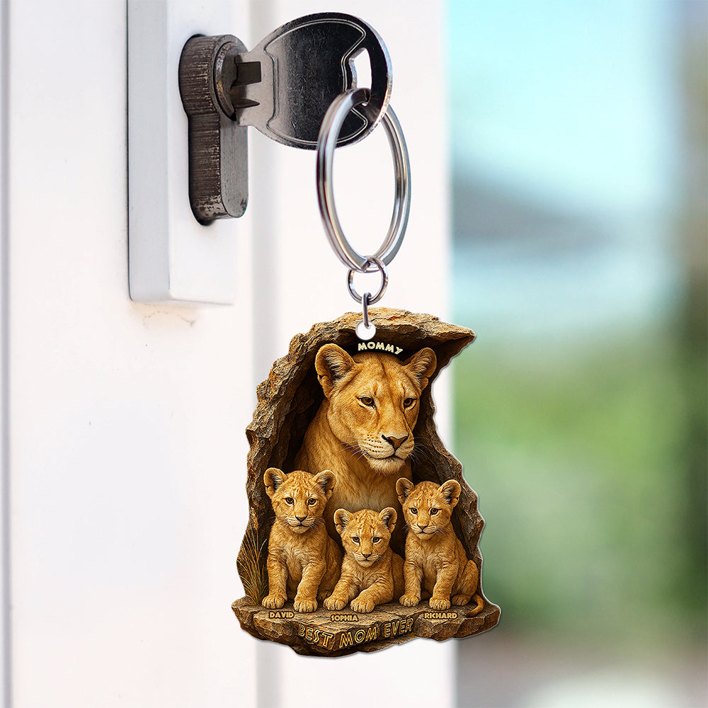 Personalized Gifts For Mom Keychain 06xqqn040425 Lion Mom & Little Cubs-Homacus