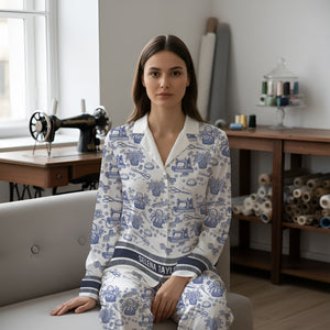 Sewing Toile de Jouy Button Up Pajama Set - Personalized Gift For Sewing Lover Christmas Pajama 06PGLU250925-Homacus