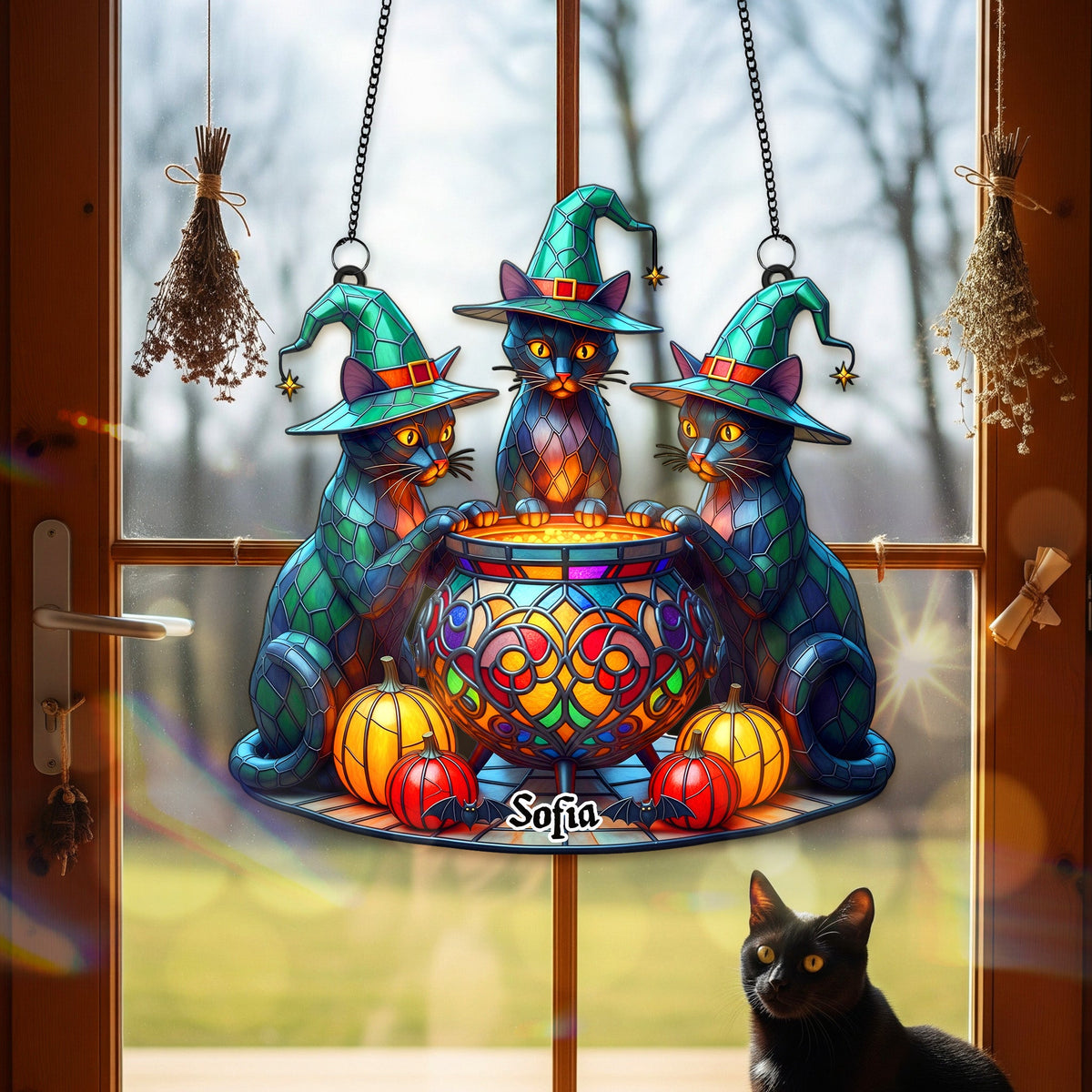 Witch Cat Suncatcher Ornament - Personalized Gifts For Halloween 03NAMG120825-Homacus