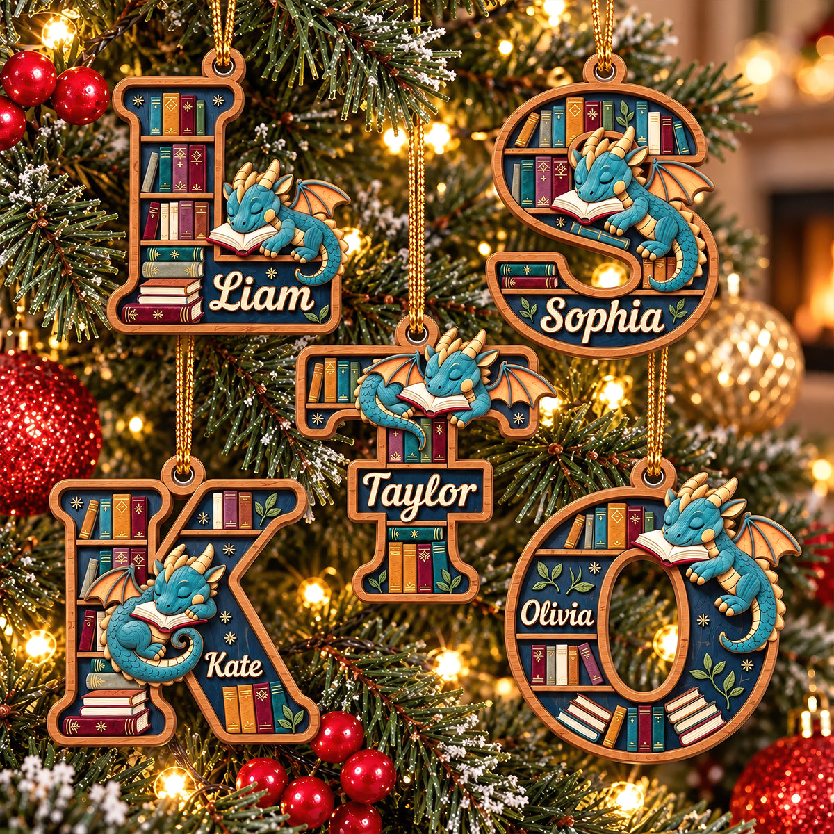 Initial Letter Alphabet Book Dragon Wood Ornament, Personalized Gifts For Book Lovers 05qhqn250926