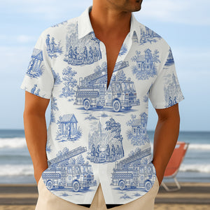 Personalized Gifts For Firefighter Hawaiian Shirt, Vintage Toile Blue Fire Truck Pattern 03qhtn110625-Homacus