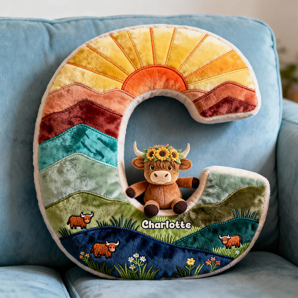 Cute Highland Cow Alphabet Initial Letter Shaped Pillow - Personalized Gifts For Highland Cow Lovers 02qhtn081225-Homacus
