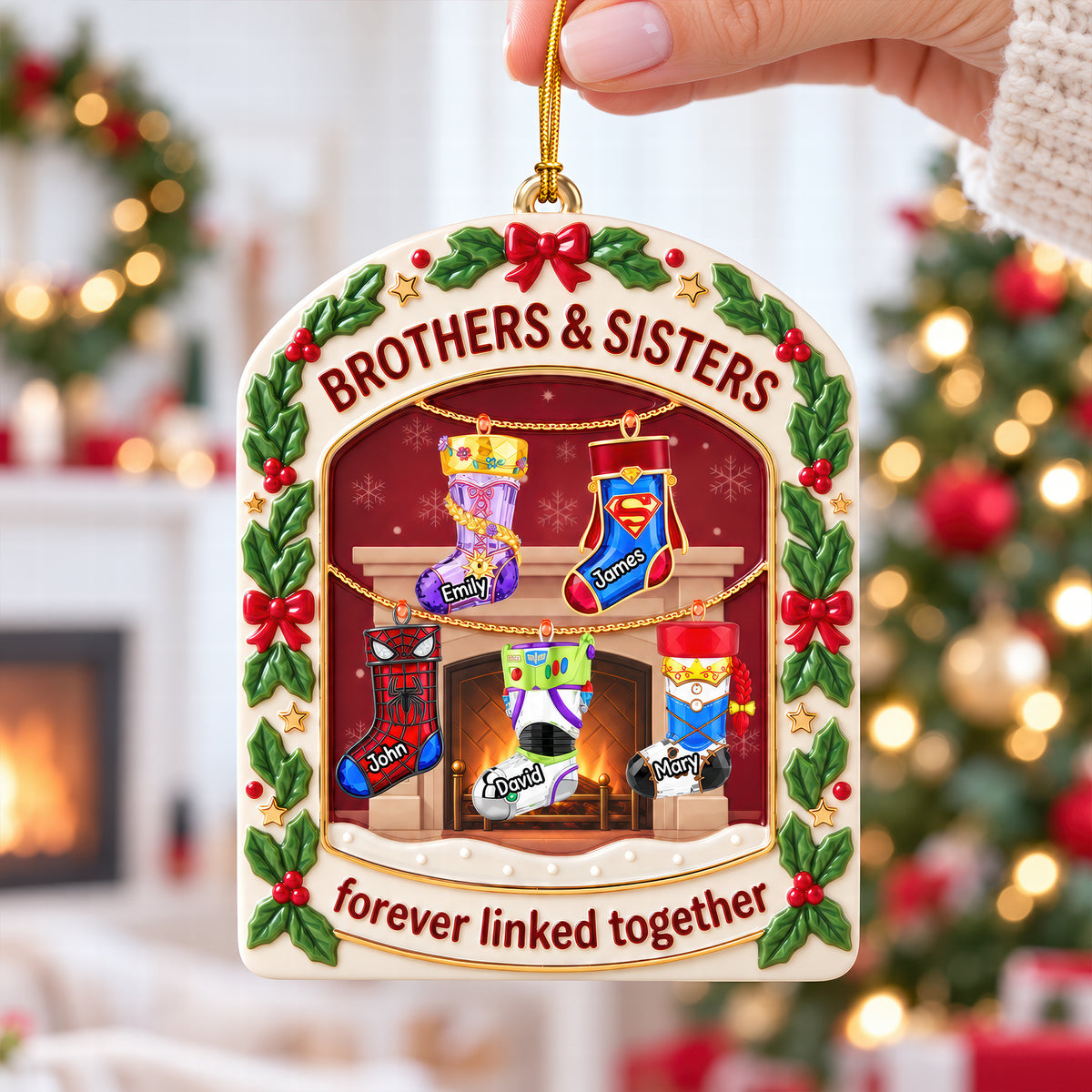 Brothers And Sisters Fireplace Christmas Stockings Acrylic Ornament - Personalized Christmas Gift For Family 02naqn240926