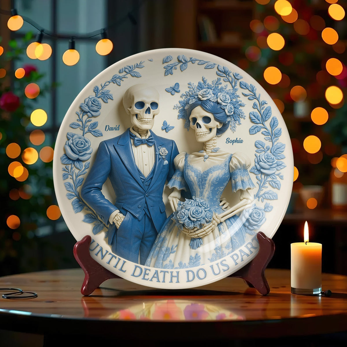 Skull Couple Ceramic Round Plate - Personalized Gift For Couple 04OHTN190625-Homacus
