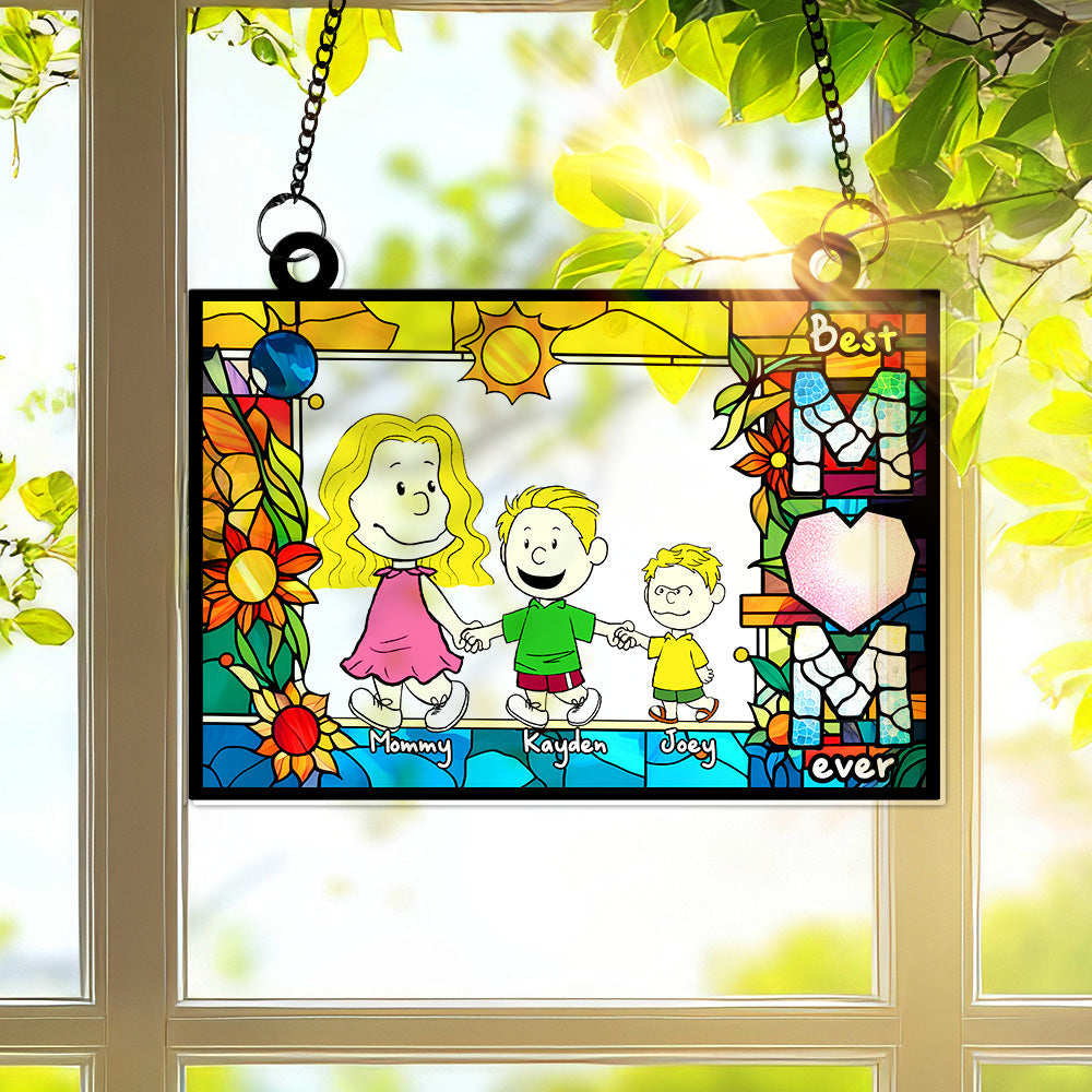 Personalized Gifts For Mom Suncatcher, Mom Holding Children's Hands Vibrant Flower Frame 02QHLU260225HH-Homacus