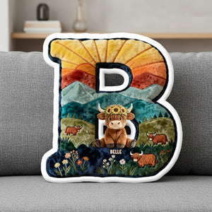 Cute Highland Cow Alphabet Initial Letter Shaped Pillow - Personalized Gifts For Highland Cow Lovers 02qhtn081225-Homacus