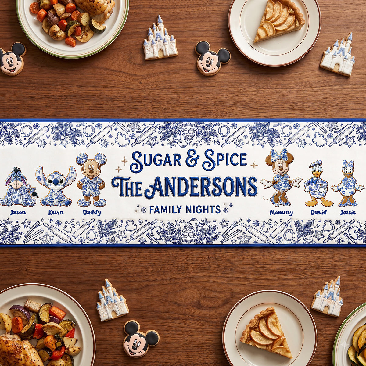 Family Gingerbread Toile de Jouy Blue Floral Quilted Table Runner - Personalized Gifts For Family 04pgta260826