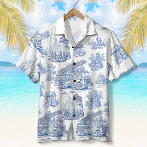Personalized Gifts For Firefighter Hawaiian Shirt, Vintage Toile Blue Fire Truck Pattern 03qhtn110625-Homacus