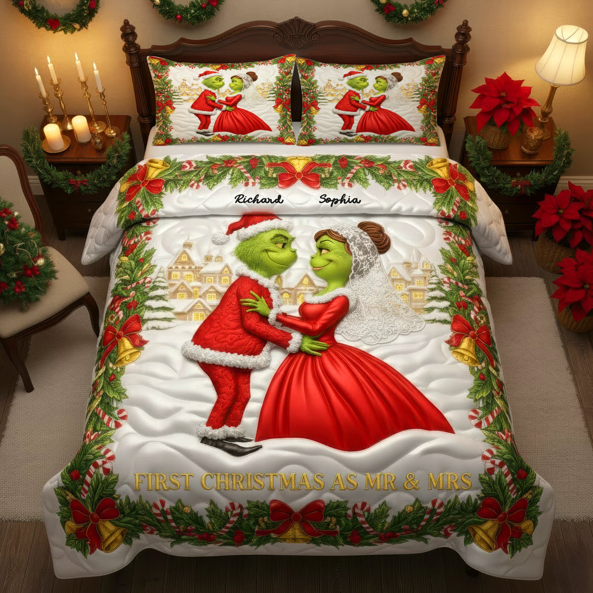 Green Monster Couple Christmas Quilt Bedding Set - Personalized Gifts For Couples 07PAQN041125-Homacus