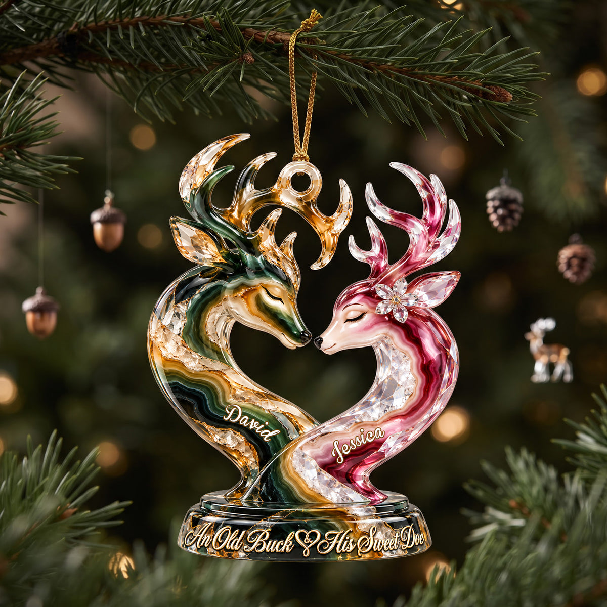 Old Buck And his Sweet Doe Marble Effect Ornament, Personalized Gifts For Couple 06QHLU141026-Homacus
