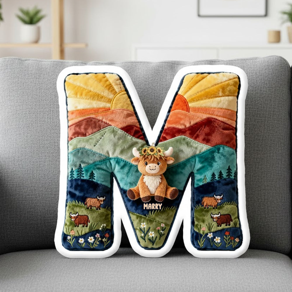 Cute Highland Cow Alphabet Initial Letter Shaped Pillow - Personalized Gifts For Highland Cow Lovers 02qhtn081225-Homacus
