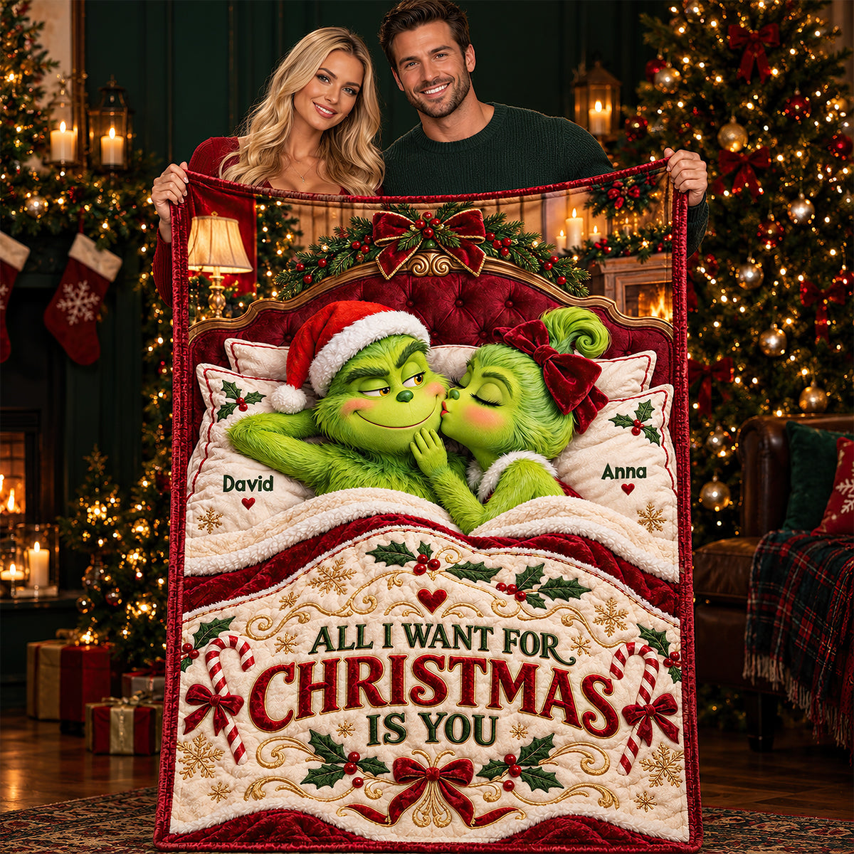 Lovely Peck On The Cheek Of Mischief Couple Blanket - Personalized Christmas Gifts For Couples 07todt191026-Homacus