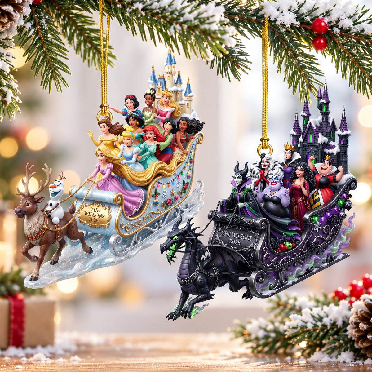 Princess & Villain Snow Ride Ornament - Personalized Gift For Christmas 02NAQN180926