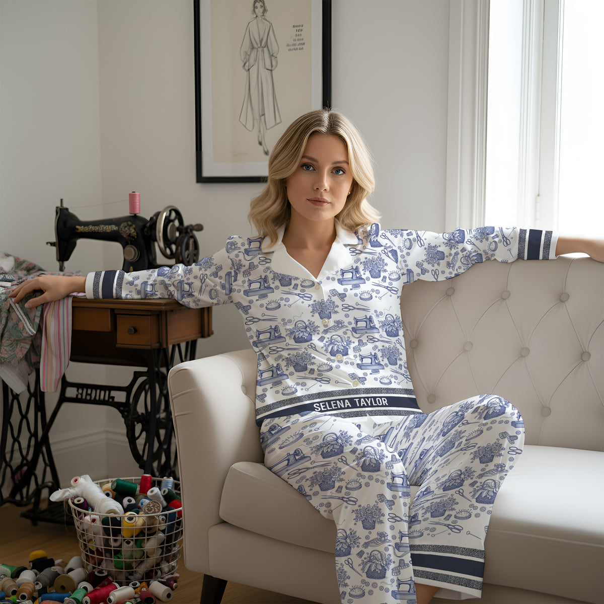 Sewing Toile de Jouy Button Up Pajama Set - Personalized Gift For Sewing Lover Christmas Pajama 06PGLU250925-Homacus